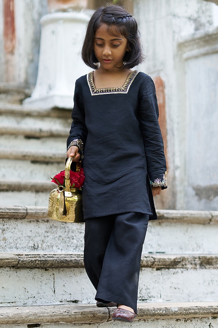 Black Pure Silk Palazzo Set For Girls by FUNNY BONES CLOTHINGS at Pernia's Pop Up Shop