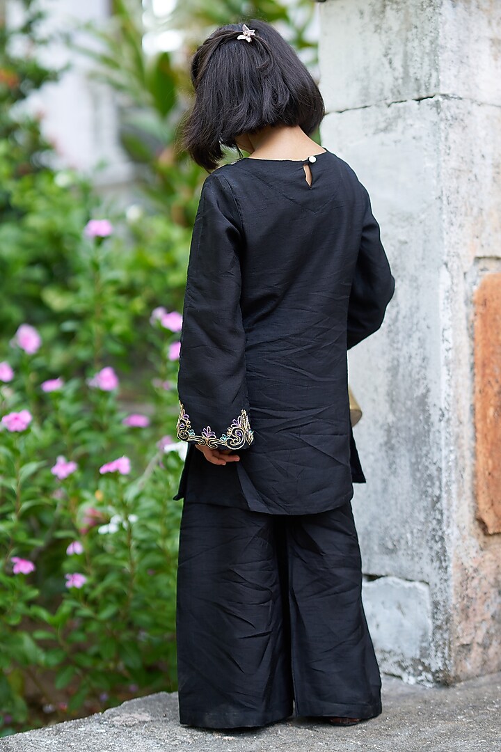 Black Pure Silk Palazzo Set For Girls by FUNNY BONES CLOTHINGS at Pernia's Pop Up Shop