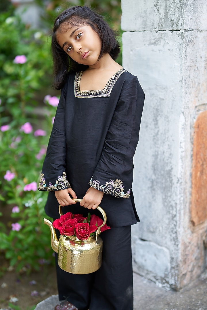 Black Pure Silk Palazzo Set For Girls by FUNNY BONES CLOTHINGS at Pernia's Pop Up Shop