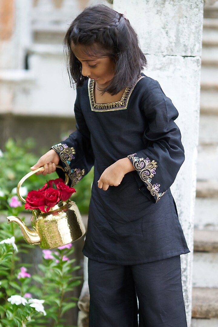 Black Pure Silk Palazzo Set For Girls by FUNNY BONES CLOTHINGS at Pernia's Pop Up Shop