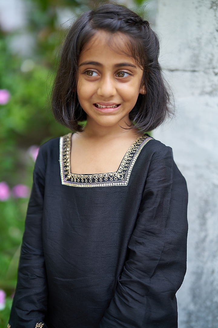 Black Pure Silk Palazzo Set For Girls by FUNNY BONES CLOTHINGS at Pernia's Pop Up Shop