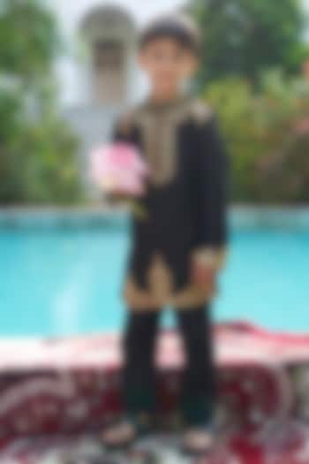 Black Pure Silk Kurta Set For Boys by FUNNY BONES CLOTHINGS at Pernia's Pop Up Shop
