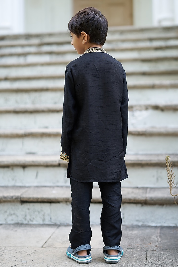 Black Pure Silk Kurta Set For Boys by FUNNY BONES CLOTHINGS at Pernia's Pop Up Shop
