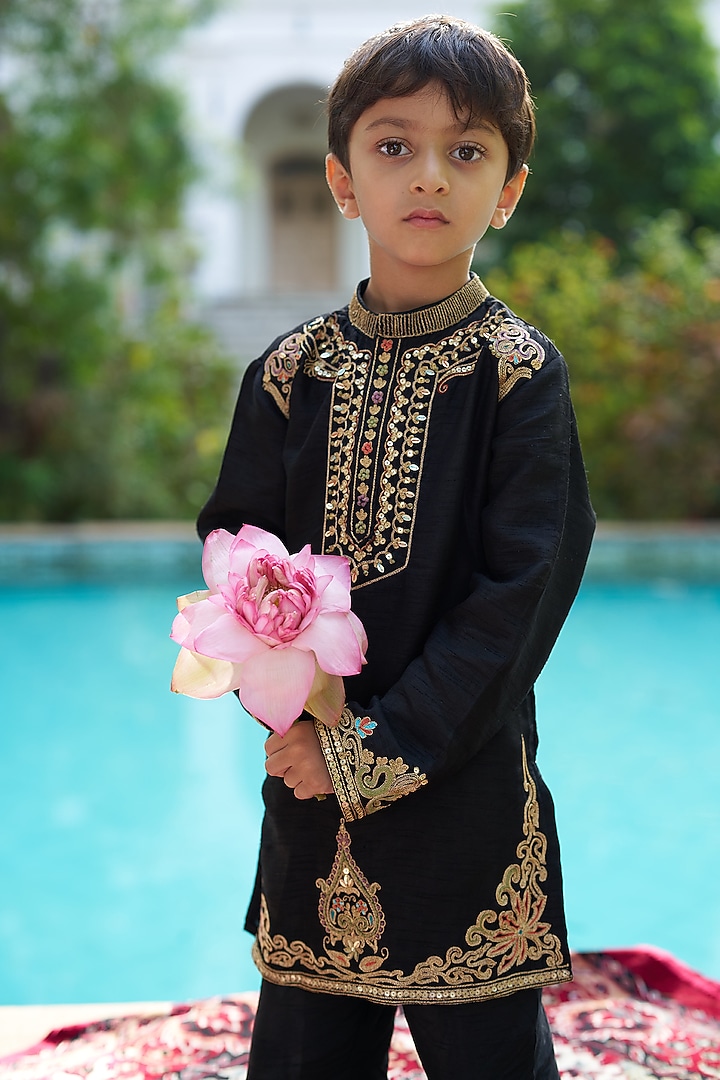 Black Pure Silk Kurta Set For Boys by FUNNY BONES CLOTHINGS at Pernia's Pop Up Shop