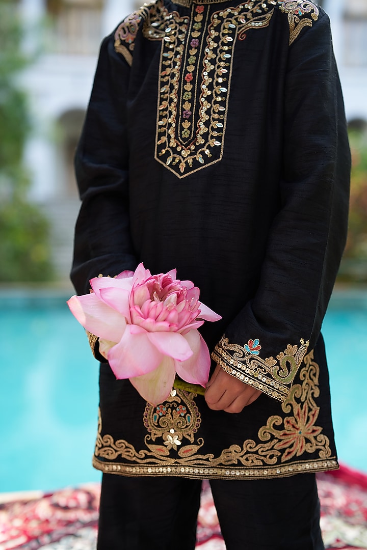 Black Pure Silk Kurta Set For Boys by FUNNY BONES CLOTHINGS at Pernia's Pop Up Shop