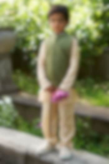 Green Pure Silk Bundi Jacket Set For Boys by FUNNY BONES CLOTHINGS at Pernia's Pop Up Shop