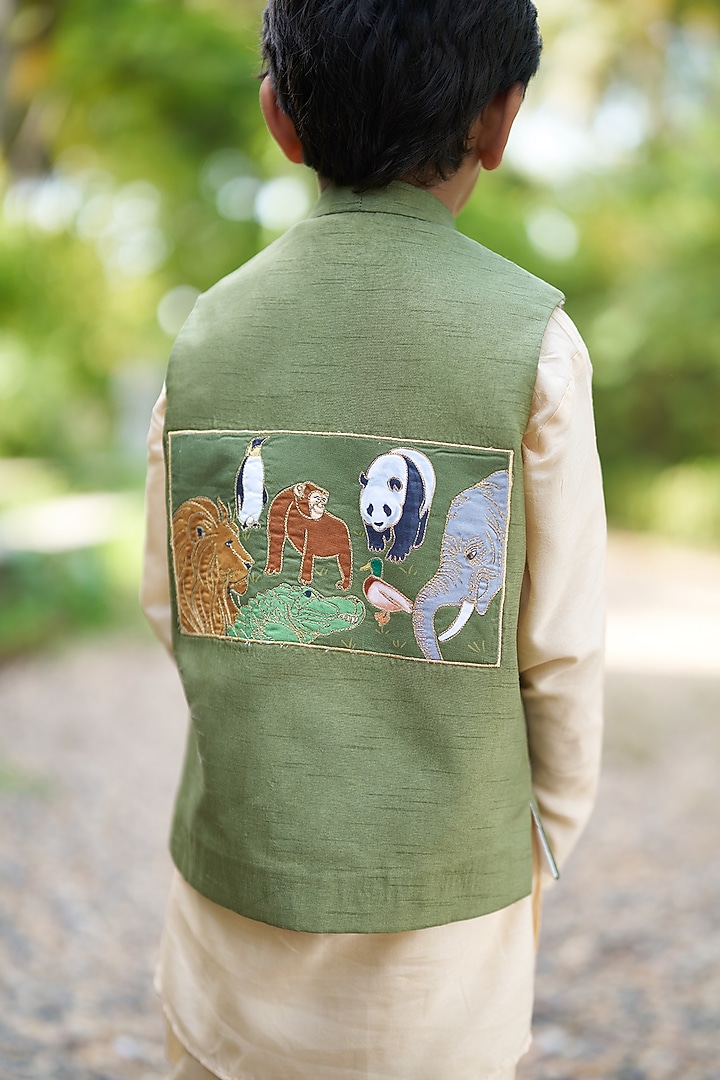 Green Pure Silk Bundi Jacket Set For Boys by FUNNY BONES CLOTHINGS at Pernia's Pop Up Shop