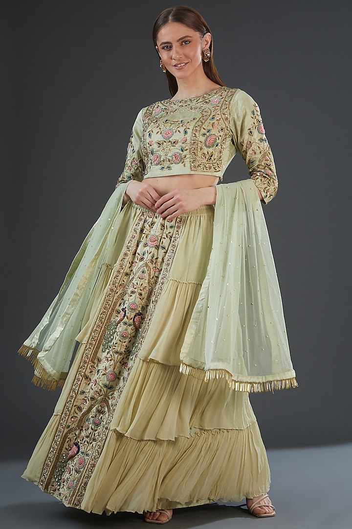 Pista Green Georgette Embroidered Wedding Lehenga Set by Firann by Shaheen at Pernia's Pop Up Shop