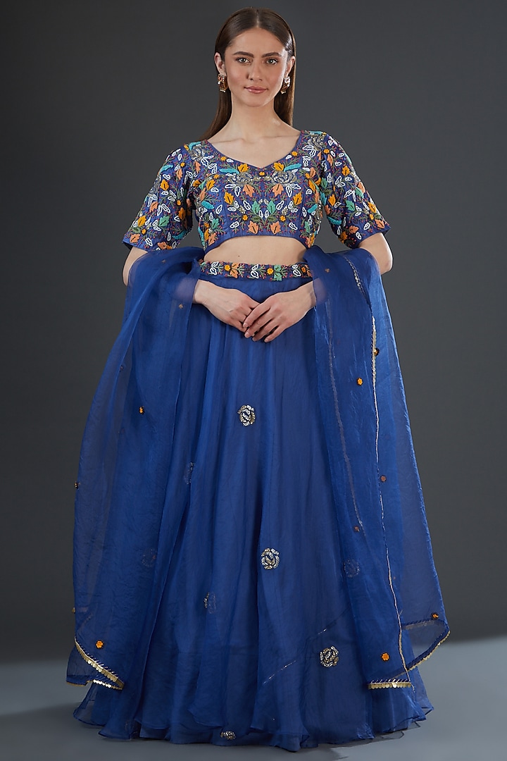 Royal Blue Organza Silk Embroidered Lehenga Set by Firann by Shaheen