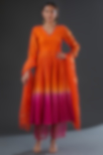 Orange & Fuchsia Shaded Chanderi Silk Anarkali Set by Firann by Shaheen at Pernia's Pop Up Shop