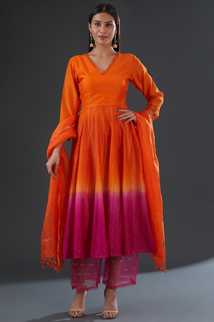 Orange & Fuchsia Shaded Chanderi Silk Anarkali Set by Firann by Shaheen at Pernia's Pop Up Shop