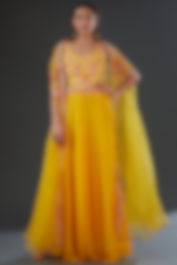 Yellow Georgette Embroidered Jacket Wedding Lehenga Set by Firann by Shaheen at Pernia's Pop Up Shop