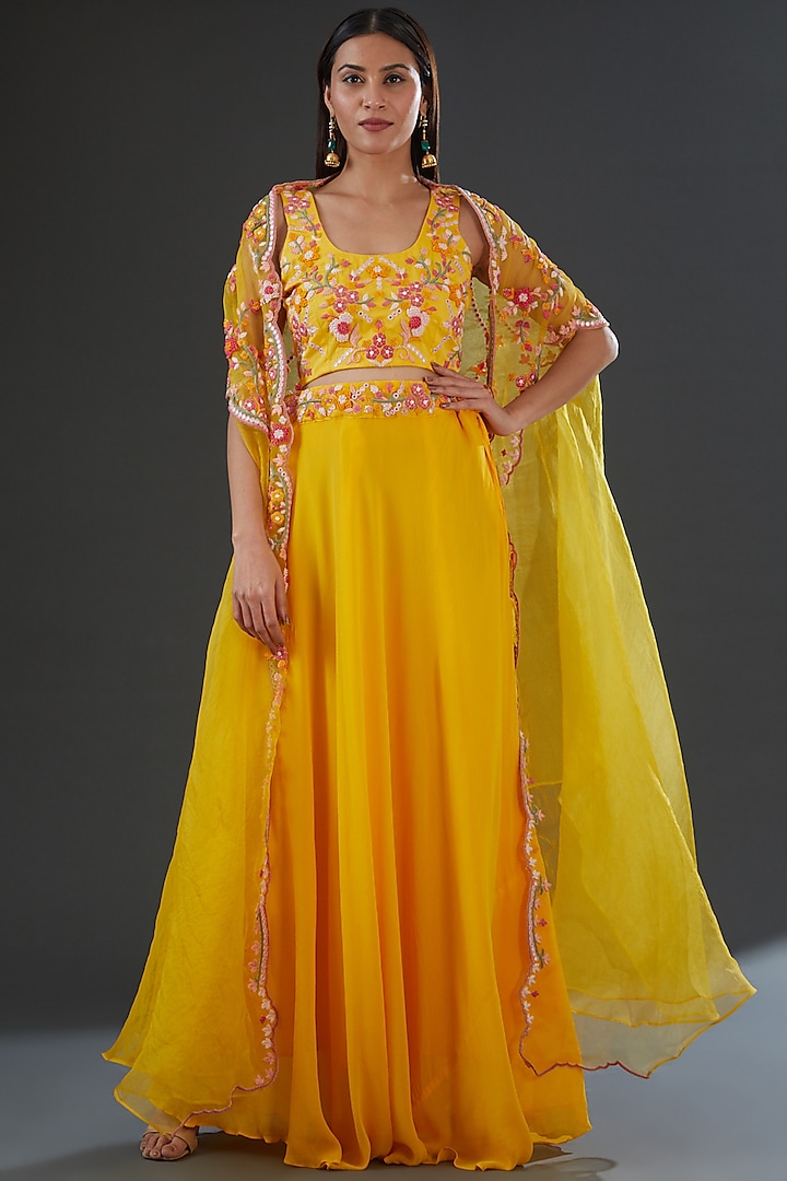 Yellow Georgette Embroidered Jacket Wedding Lehenga Set by Firann by Shaheen at Pernia's Pop Up Shop