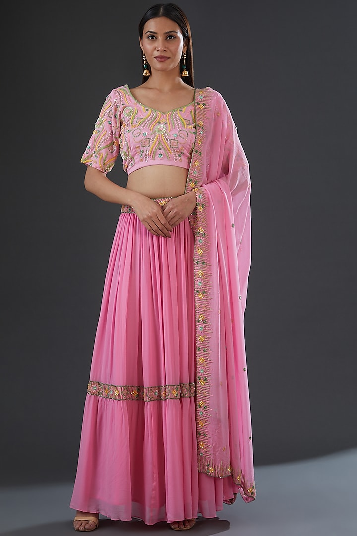 Pink Georgette Embroidered Wedding Lehenga Set by Firann by Shaheen at Pernia's Pop Up Shop