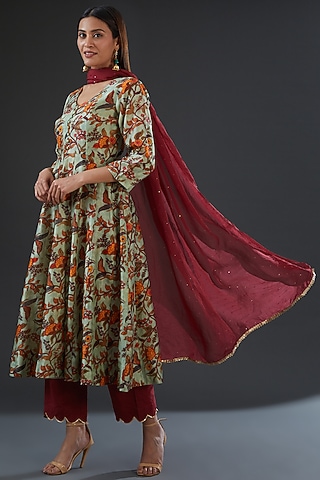 Pista Green Chanderi Silk Printed Anarkali Set by Firann by Shaheen