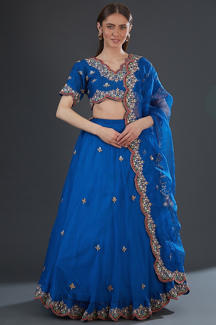 Royal Blue Organza Silk Embroidered Wedding Lehenga Set by Firann by Shaheen at Pernia's Pop Up Shop