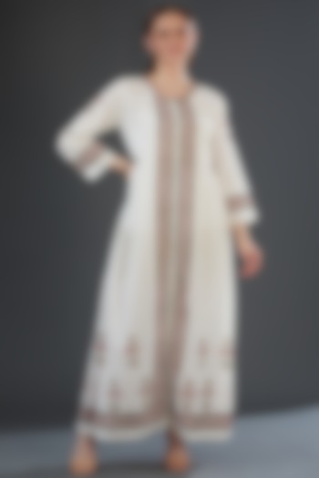 White Cotton Cambric Block Printed Gown by Firann by Shaheen