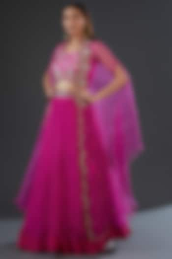 Fuchsia Organza Silk Embroidered Lehenga Set by Firann by Shaheen at Pernia's Pop Up Shop