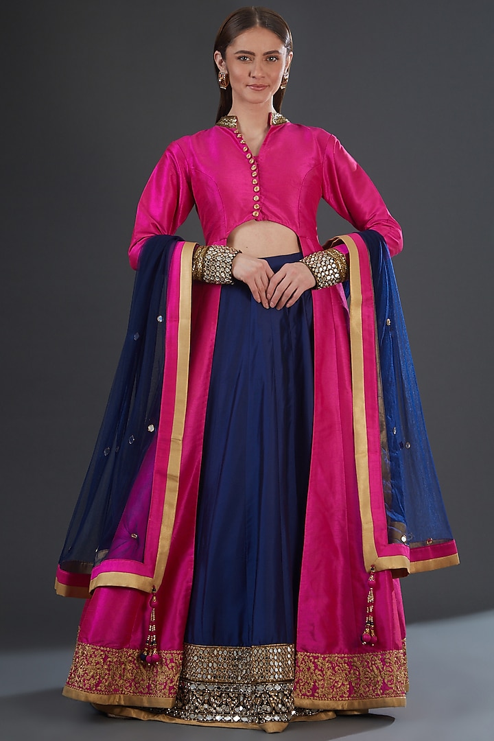 Royal Blue Silk Embroidered Jacket Wedding Lehenga Set by Firann by Shaheen at Pernia's Pop Up Shop