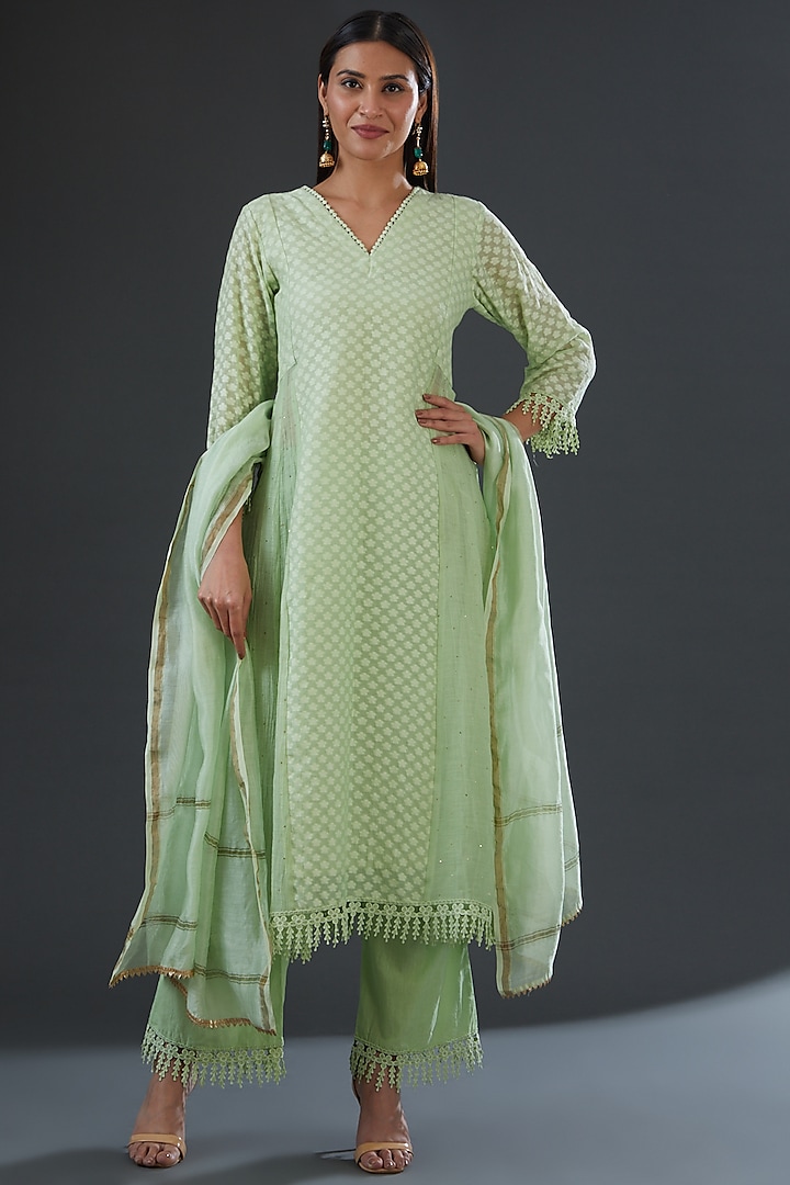 Pista Green Chanderi Jacquard Kurta Set by Firann by Shaheen at Pernia's Pop Up Shop