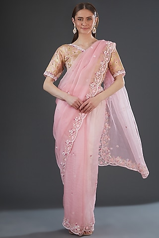Pink Organza Silk Hand Embroidered Saree Set by Firann by Shaheen