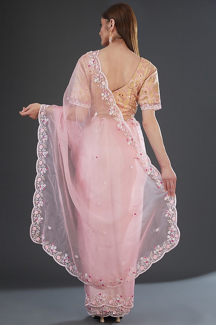 Pink Organza Silk Hand Embroidered Wedding Saree Set by Firann by Shaheen at Pernia's Pop Up Shop