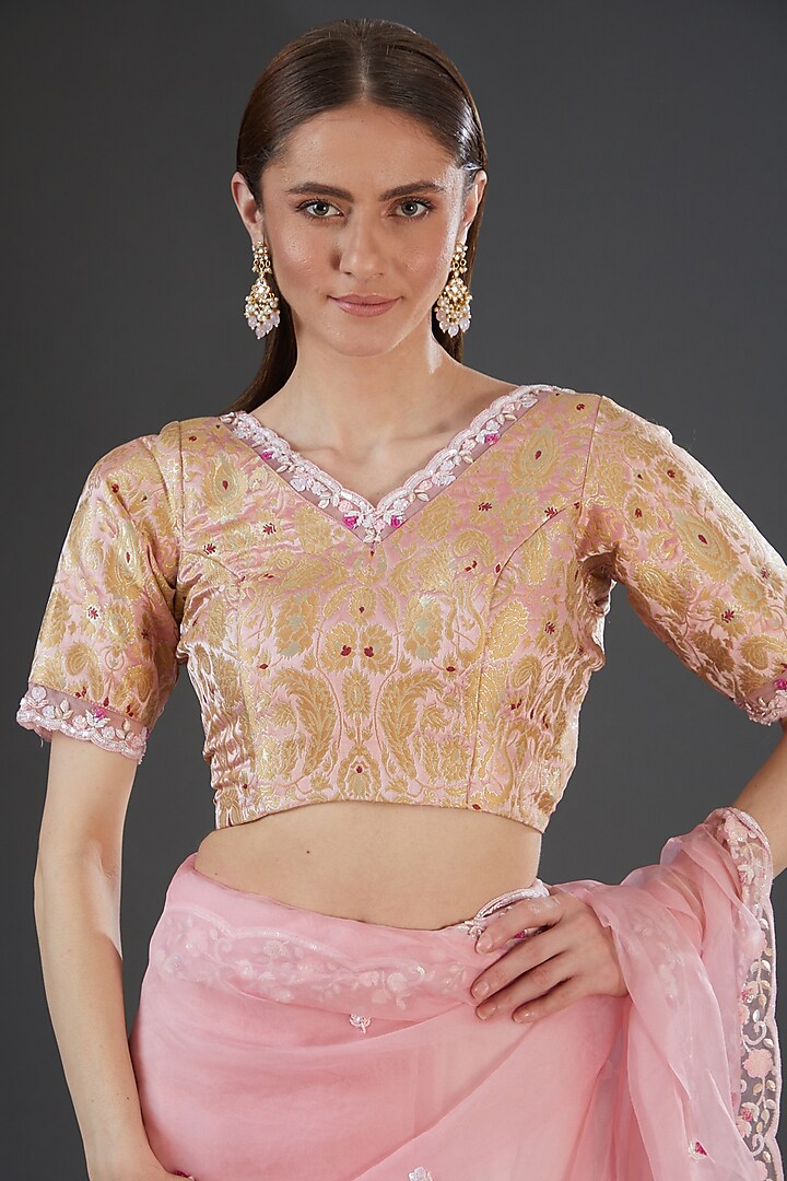 Pink Organza Silk Hand Embroidered Wedding Saree Set by Firann by Shaheen at Pernia's Pop Up Shop