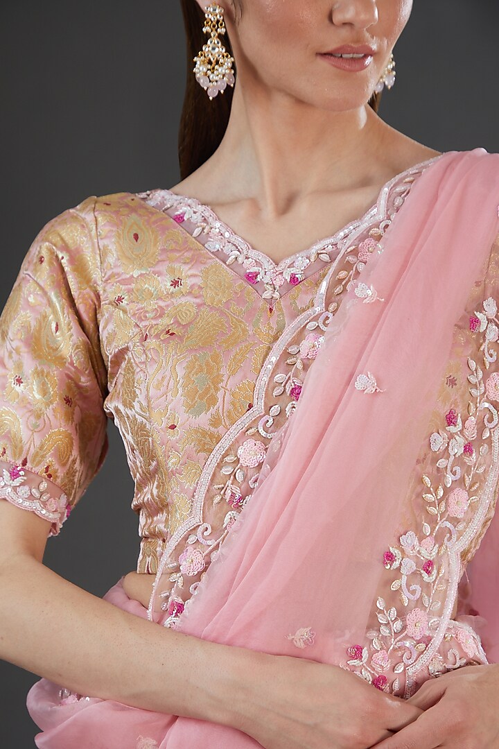 Pink Organza Silk Hand Embroidered Wedding Saree Set by Firann by Shaheen at Pernia's Pop Up Shop