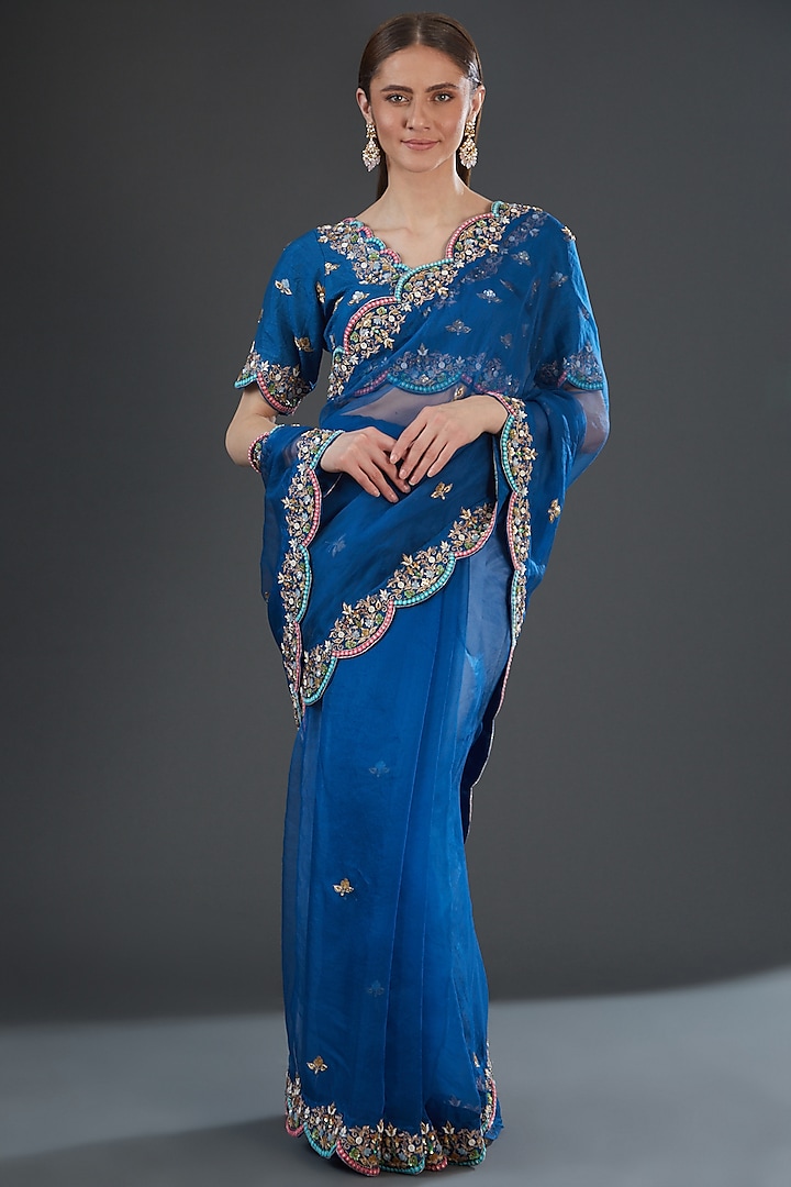 Royal Blue Organza Silk Embroidered Saree Set  by Firann by Shaheen