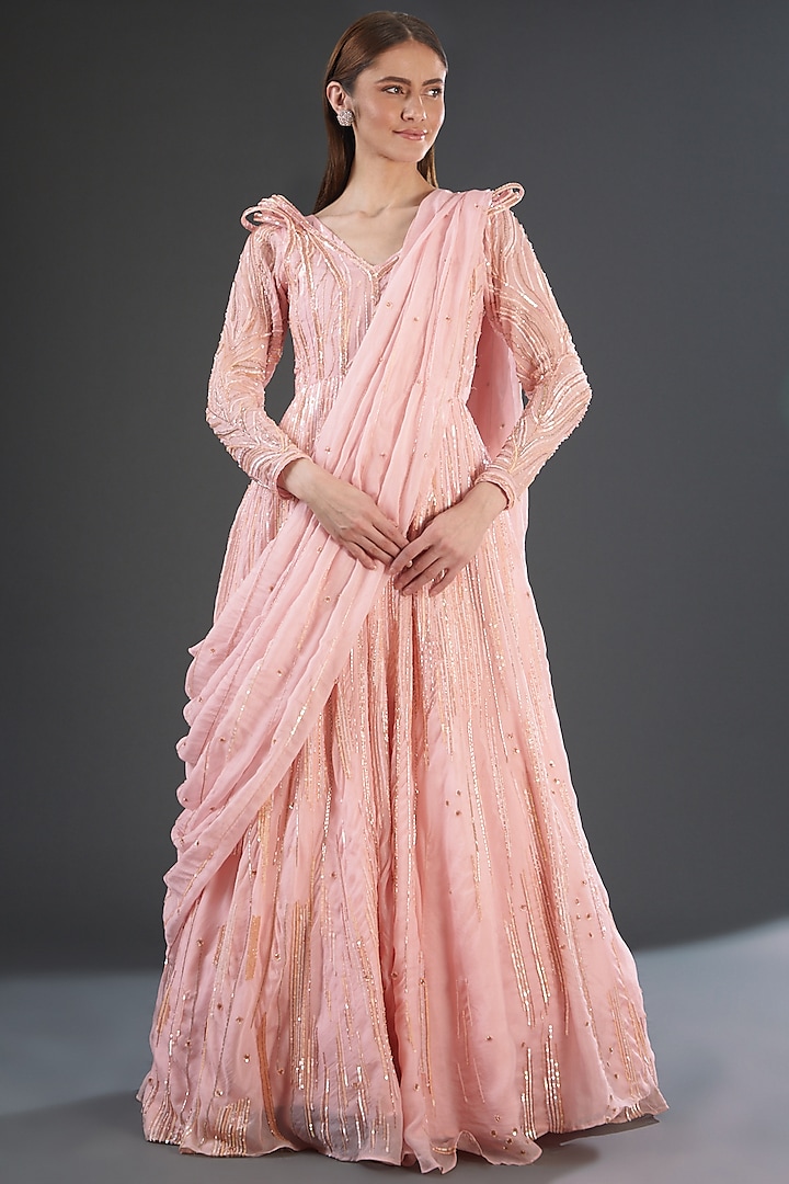 Peach Pink Organza Silk Embroidered Gown by Firann by Shaheen