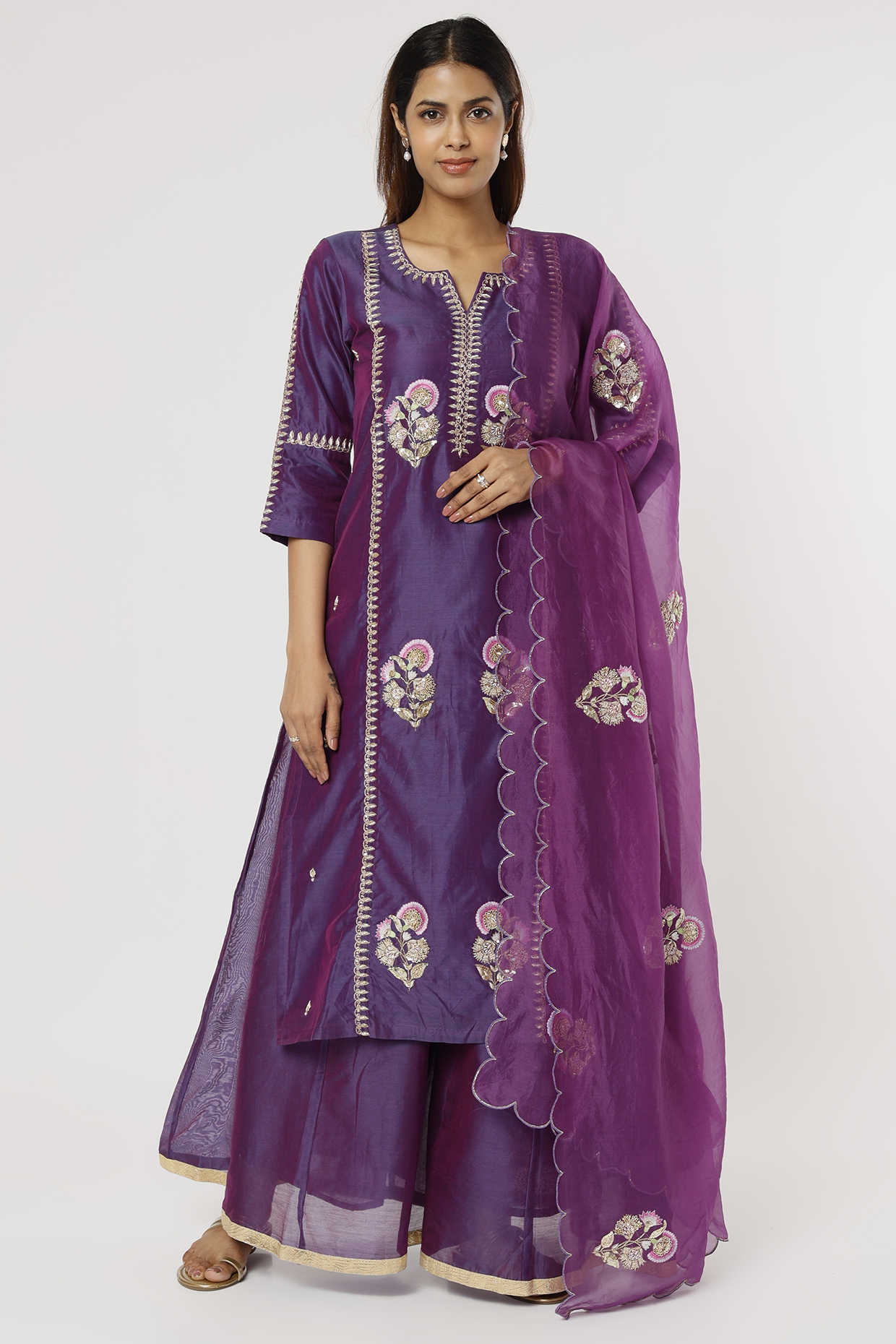 Purple Chanderi Party Wear Sharara Set by Firann by Shaheen at Pernia's Pop Up Shop