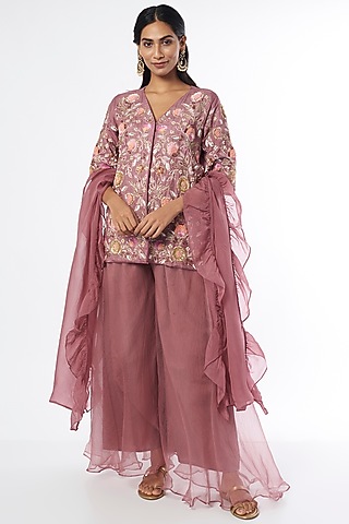 Rust Organza Silk Sharara Set by Firann by Shaheen
