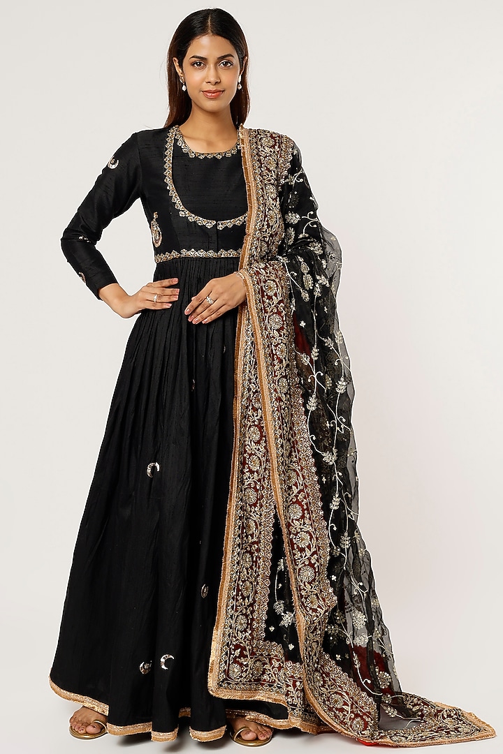 Black Embroidered Wedding Anarkali Set by Firann by Shaheen at Pernia's Pop Up Shop