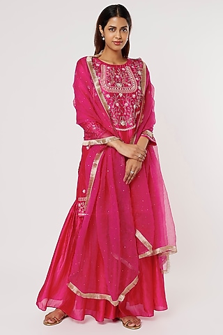 Fuchsia Kora Silk Sharara Set by Firann by Shaheen