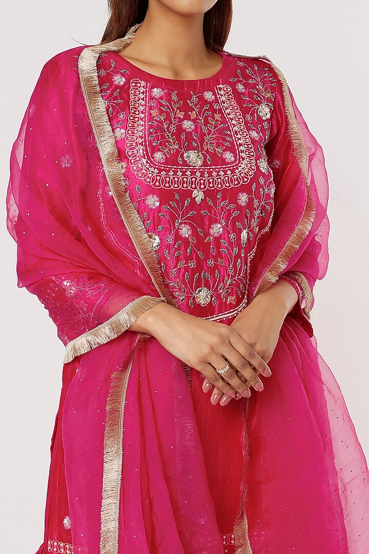 Fuchsia Kora Silk Party Wear Sharara Set by Firann by Shaheen at Pernia's Pop Up Shop