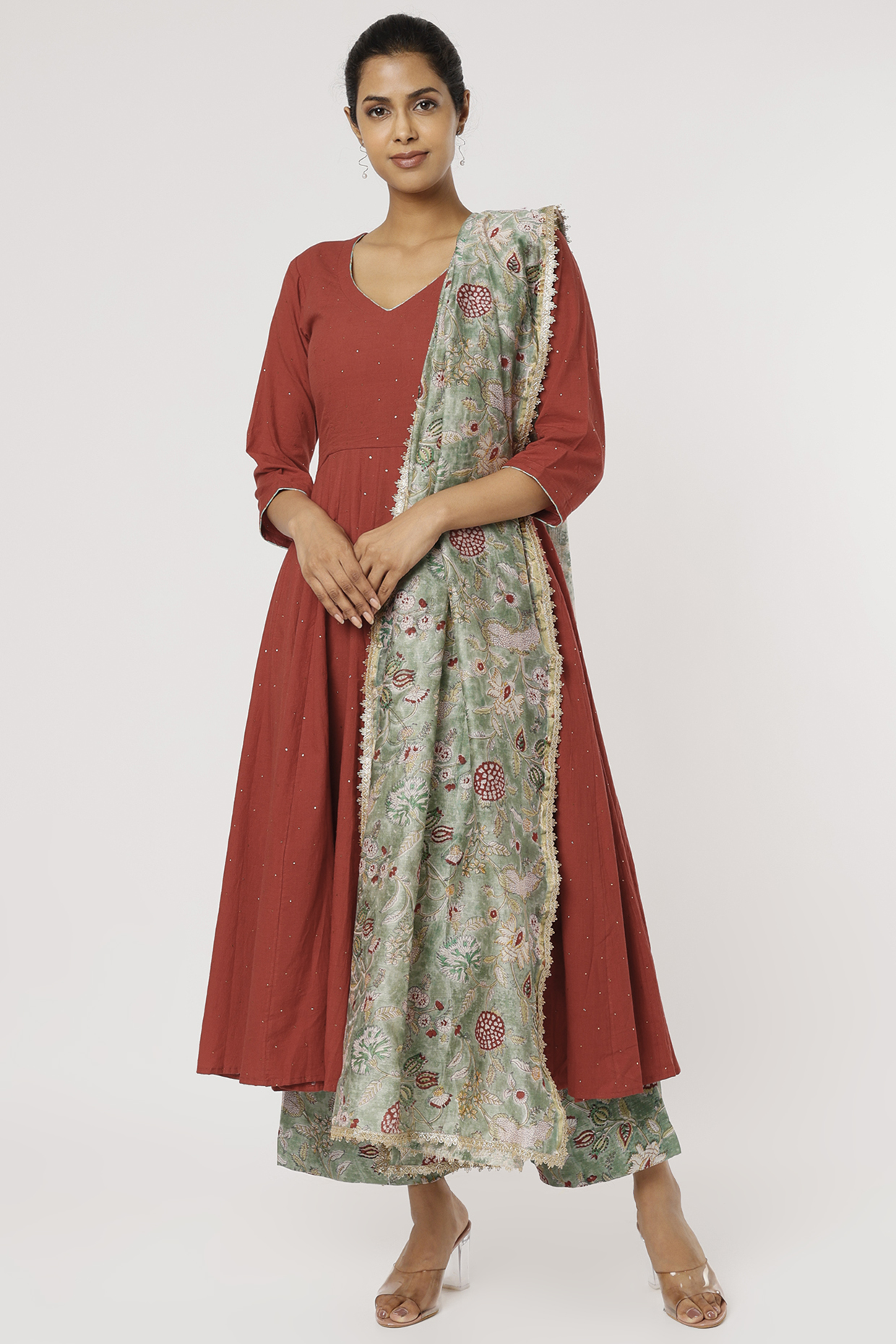 Rust Red Cotton Party Wear Anarkali Set by Firann by Shaheen at Pernia's Pop Up Shop