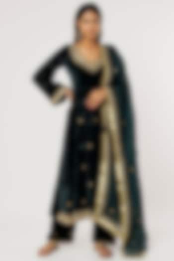 Teal Hand Embroidered Wedding Anarkali Set by Firann by Shaheen at Pernia's Pop Up Shop