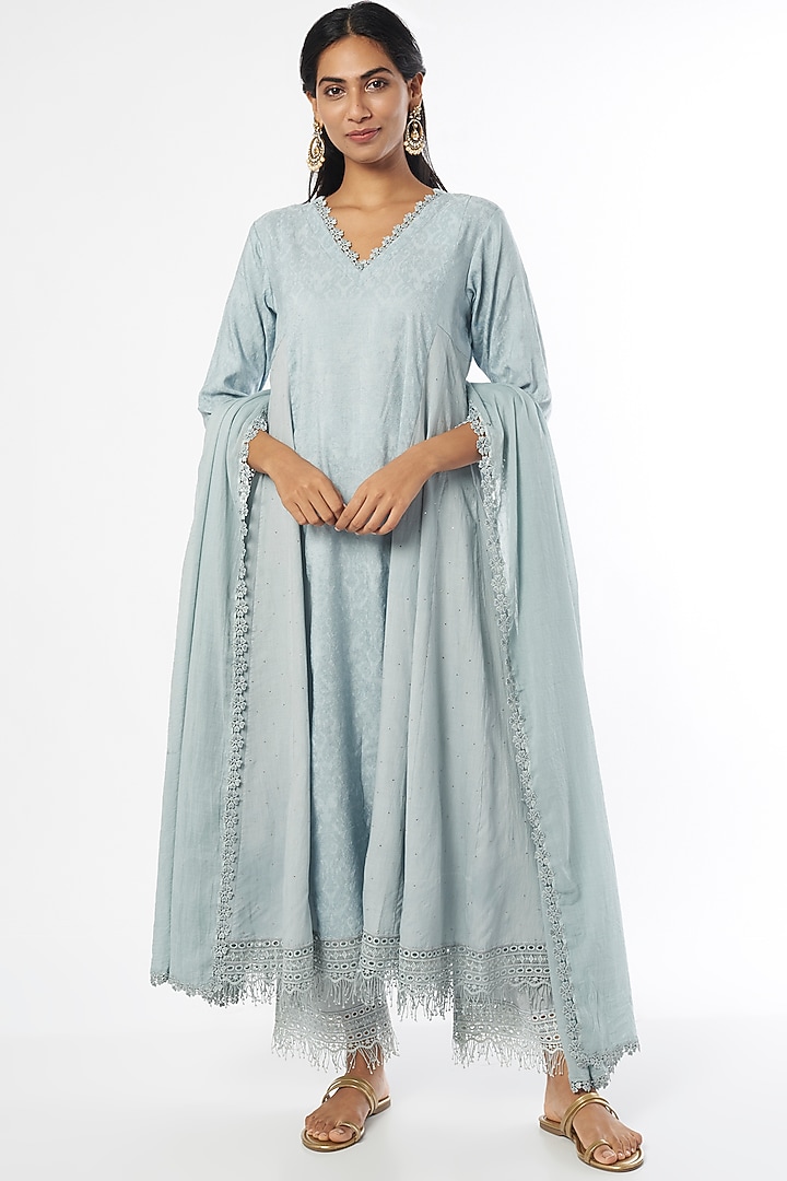 Powder Blue Cotton Anarkali Set by Firann by Shaheen at Pernia's Pop Up Shop