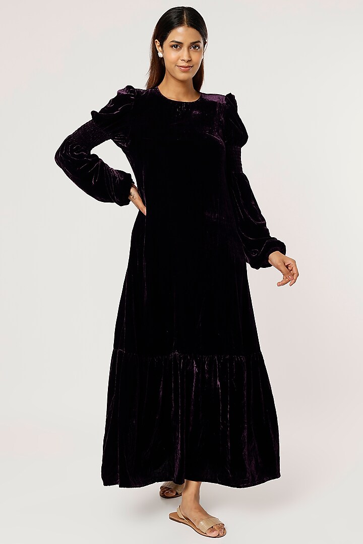 Purple Silk Velvet Dress by Firann by Shaheen