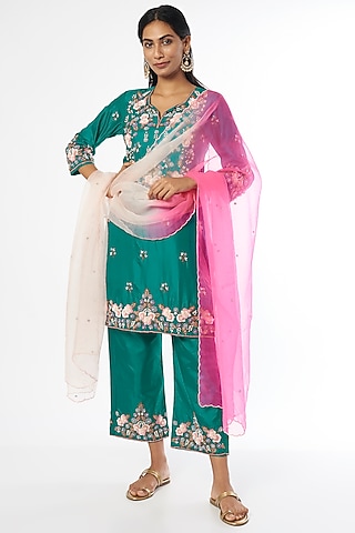 Ocean Blue Hand Embroidered Kurta Set by Firann by Shaheen