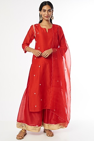 Red Organza Silk Sharara Set by Firann by Shaheen