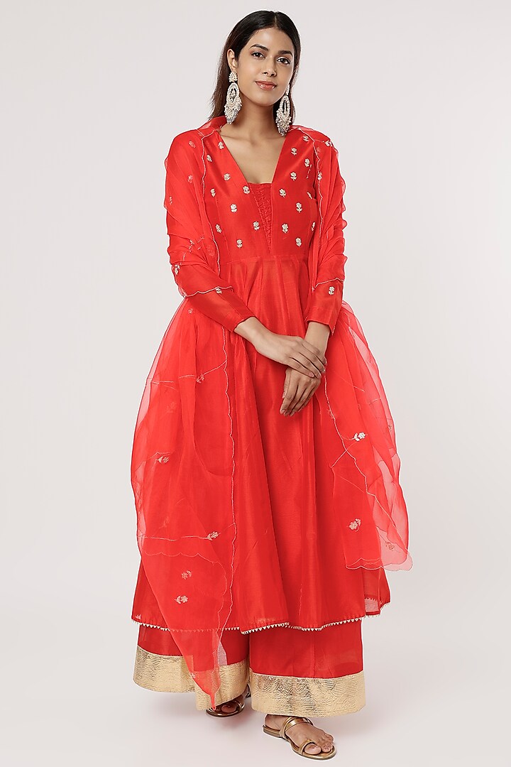 Red Chanderi Silk Anarkali Set by Firann by Shaheen