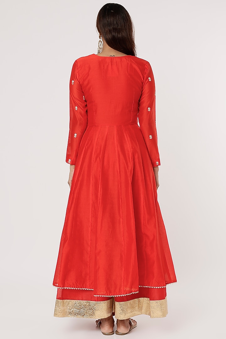 Red Chanderi Silk Party Wear Anarkali Set by Firann by Shaheen at Pernia's Pop Up Shop