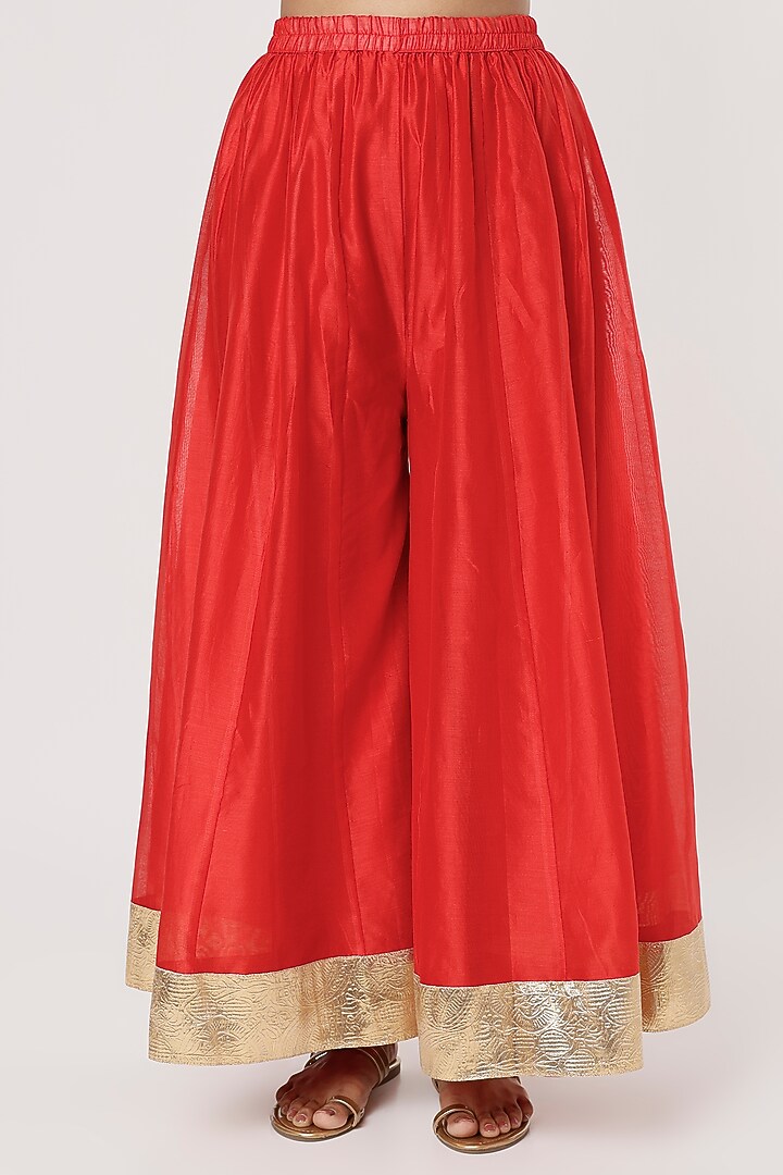 Red Chanderi Silk Party Wear Anarkali Set by Firann by Shaheen at Pernia's Pop Up Shop
