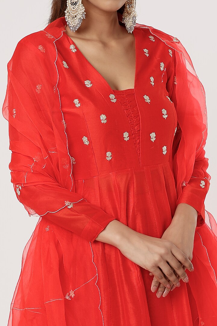 Red Chanderi Silk Party Wear Anarkali Set by Firann by Shaheen at Pernia's Pop Up Shop