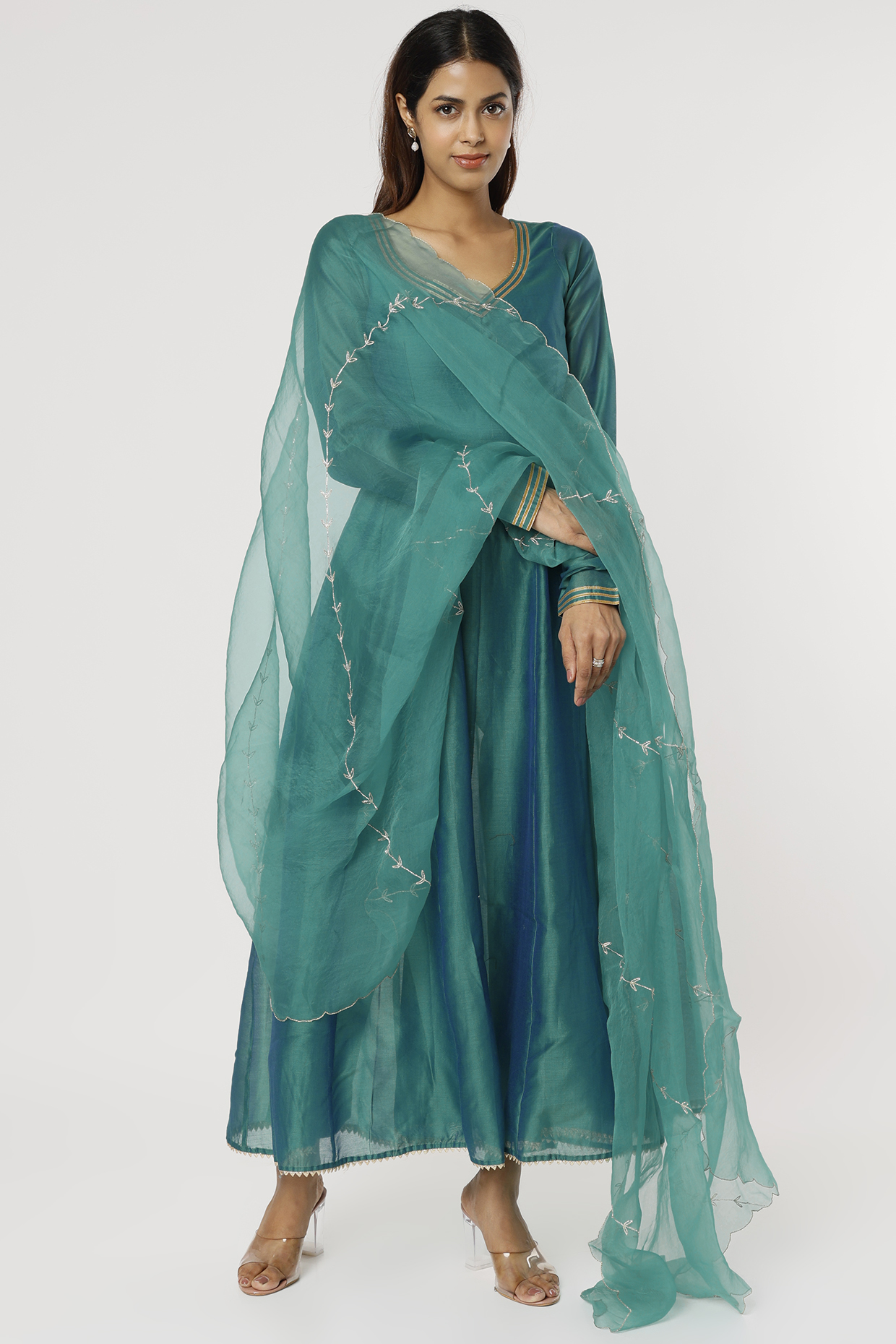 Teal Chanderi Party Wear Anarkali Set by Firann by Shaheen at Pernia's Pop Up Shop