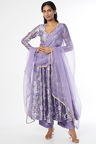 Lilac Italian Silk Organza Anarkali Set by Firann by Shaheen