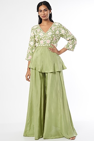 Green Silk Sharara Set by Firann by Shaheen