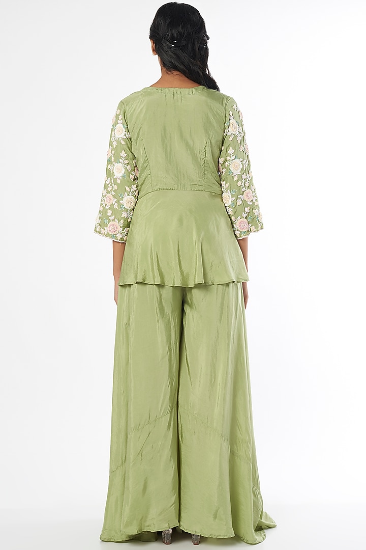 Green Silk Party Wear Sharara Set by Firann by Shaheen at Pernia's Pop Up Shop