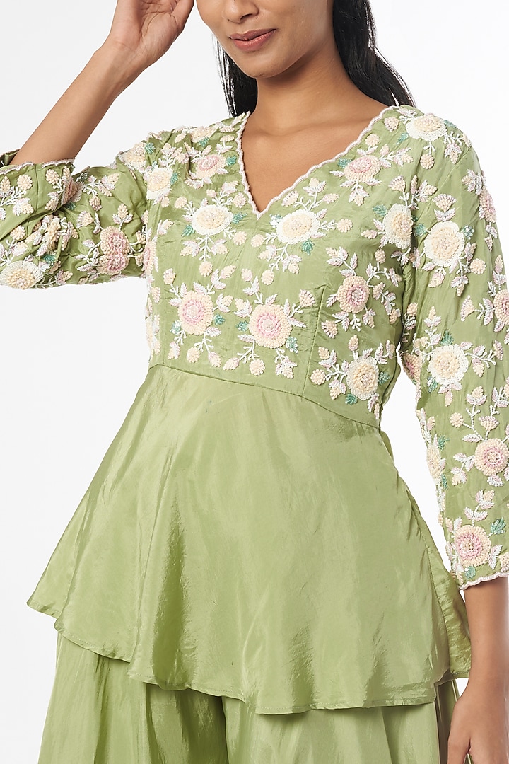 Green Silk Party Wear Sharara Set by Firann by Shaheen at Pernia's Pop Up Shop